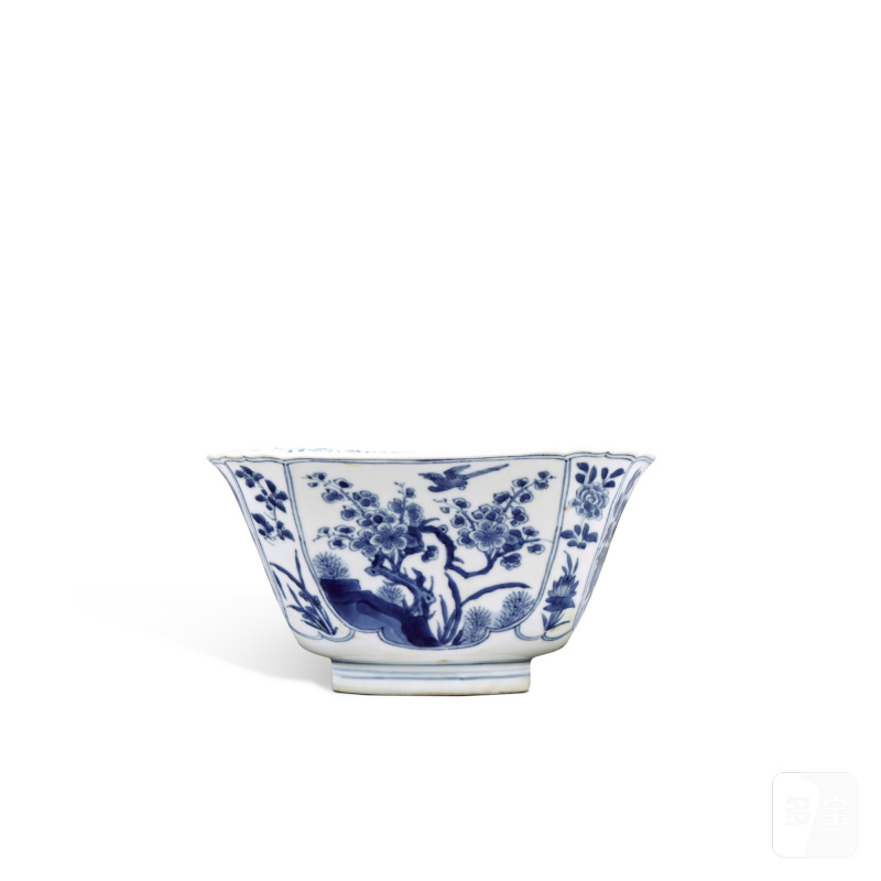 清康熙 青花開光花卉紋四方倭角盌 - 图2